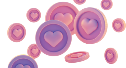 Captivating 3D render of floating heart coins symbolizing online affection and digital rewards on transparent background