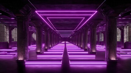 A modern, industrial space illuminated by vibrant purple neon lights creates a futuristic atmosphere, Ideal for use in designs related to nightlife, music events, or urban aesthetics,