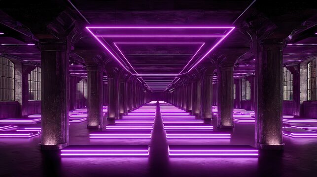 A modern, industrial space illuminated by vibrant purple neon lights creates a futuristic atmosphere, Ideal for use in designs related to nightlife, music events, or urban aesthetics,