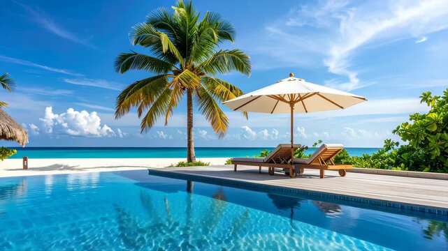 Palm tree casts shadow over infinity pool with lounge chairs, white sand beach, turquoise ocean water, and bright blue sky creating a serene tropical vacation scene.