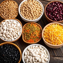 Fototapeta premium Variety of legumes in white and brown bowls on a dark wooden surface