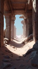 Sunlit path through crumbling stone ruins in a desert, extending to a bright horizon.  Sand drifts between weathered pillars and fallen stones