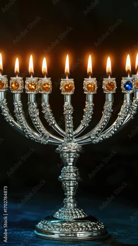 Poster a beautiful menorah with nine candles lit up in a row. the candles are of different sizes and colors