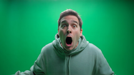A man with his mouth wide open in shock against a green screen background.
