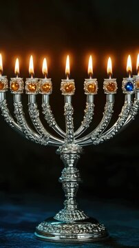 A beautiful menorah with nine candles lit up in a row. The candles are of different sizes and colors, creating a warm and inviting atmosphere. The menorah is placed on a dark surface