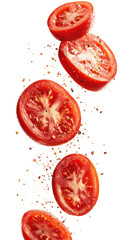 Sliced tomatoes in mid-air, vibrant red, with a dark background