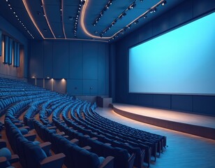Spacious blue-toned auditorium with tiered seating facing large projection screen. Interior lighting creates learning environment, ideal for educational seminars. Modern architecture with stage,