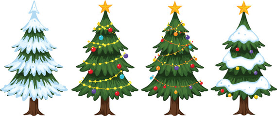 Four festive Christmas trees with different decorations and snow, including ornaments, garlands, stars, and fully snow-covered pine tre