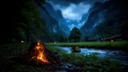 A serene landscape featuring a vibrant campfire beside a gently flowing stream, surrounded by lush greenery and towering mountains, Ideal for nature retreats, camping advertisements