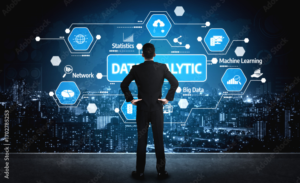Aufkleber a business professional stands before a modern cityscape, contemplating data analytics concepts like