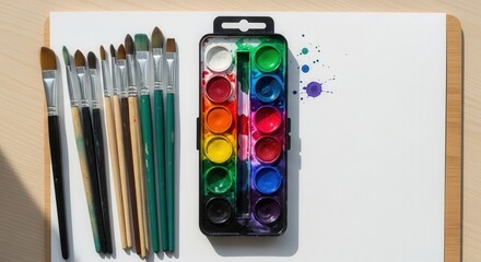 Naklejka premium Watercolor Palette and Brushes on White Paper