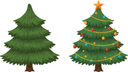 Two green Christmas trees, one plain pine and one decorated with colorful ornaments, stars, garlands, and a golden star topper