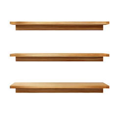 Three horizontal wooden shelves,  simple,  and flat,  against a white background.  They have a slightly raised edge and are light brownish-tan in color
