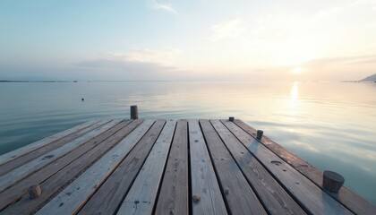Wooden dock extends onto calm, serene ocean water under pale blue sky with soft clouds. Gentle sunlight reflects on still surface, creating peaceful, tranquil seascape. Weathered wood planks offer
