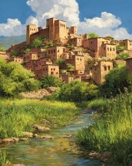 Obraz premium A sun-drenched village nestled in a verdant valley, a meandering stream flows through lush meadows towards a hilltop fortress