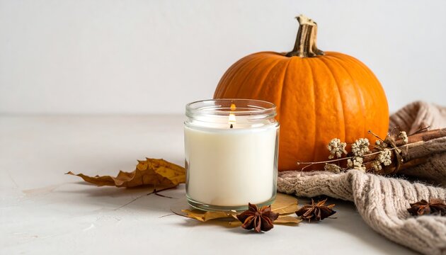 Autumnal scene with candle and pumpkin