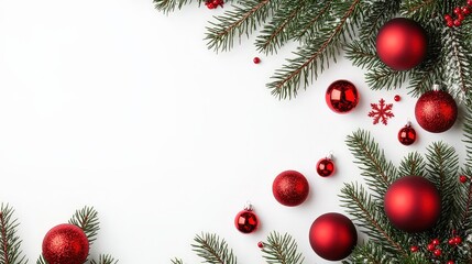 A festive arrangement of green pine branches and red Christmas ornaments creates a cheerful holiday vibe, ideal for seasonal greetings, decorations, or marketing materials