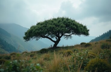 Solitary pine tree with distinctive umbrella shape crowns a grassy hillside under a hazy sky. Rolling hills and dense forest recede into the misty background, creating a serene natural landscape.