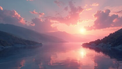 Fototapeta premium Serene illustration of coastal landscape at dawn. Calm waters reflect pink sky, hills, clouds. Tranquil, peaceful nature scene. Ideal travel, vacation photo background, digital art.