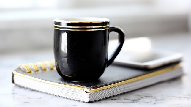 A stylish black mug with gold accents sits atop a sleek black notebook, creating a sophisticated workspace setting, This image is perfect for promoting coffee, tea, or office productivity themes,