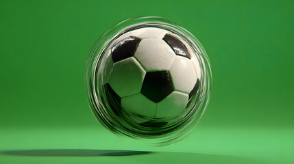A classic black and white soccer ball spinning rapidly in mid-air against a vibrant green background, creating a motion blur effect.