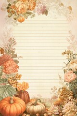 Autumnal stationery features lined writing space bordered by a frame of pumpkins, roses, and fall foliage in muted orange and beige tones, creating a vintage aesthetic