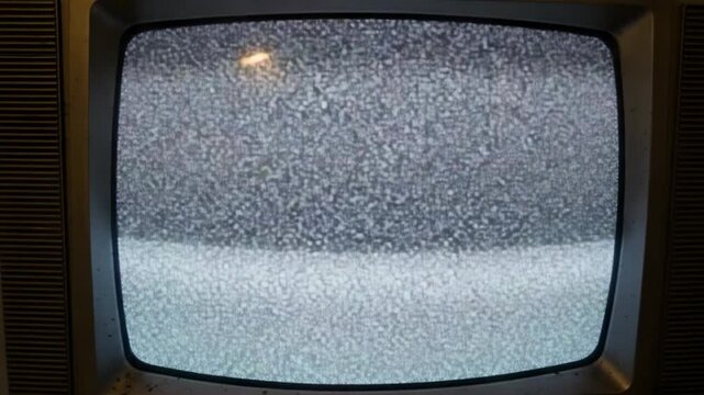 Vintage television screen showing static noise, symbol of lost signal, captures old technology. Defective television is a reminder of past, featuring fuzzy gray pattern and nostalgic design.