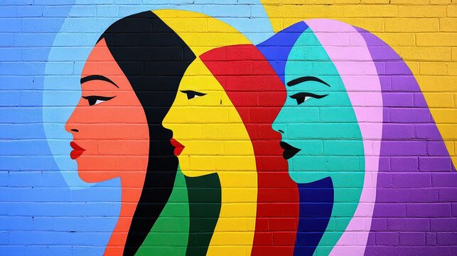 A vibrant mural featuring stylized profiles of three women, showcasing diverse colors and artistic expressions, Ideal for themes on diversity, empowerment