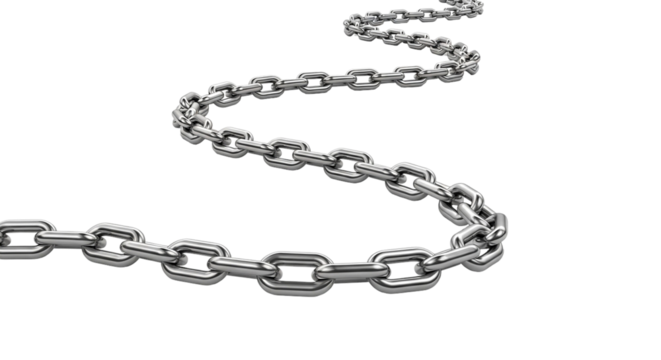 A gleaming silver chain winds its way across a stark black background representing connection on transparent background