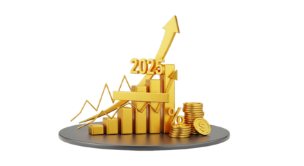 Golden vision of 2025 s booming financial year with rising charts coins and arrow depicting on transparent background