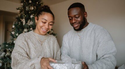 Joyful couple wrapping Christmas gifts in cozy sweaters by a beautifully decorated Christmas tree