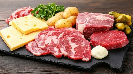 A vibrant display of fresh meats, cheese, potatoes, and pickles arranged on a slate board, perfect for food blogs, cooking websites, or meal prep content, showcasing delicious ingredients,