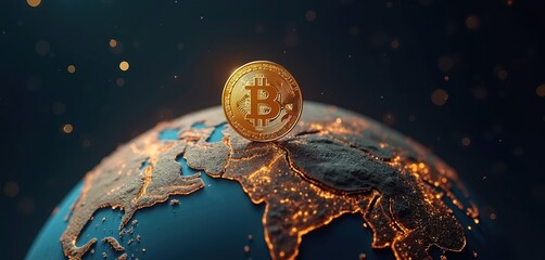 3D golden Bitcoin coin sits on textured globe with illuminated continents at night. Global finance, cryptocurrency, investment, digital economy, modern tech, virtual transactions, growth, market