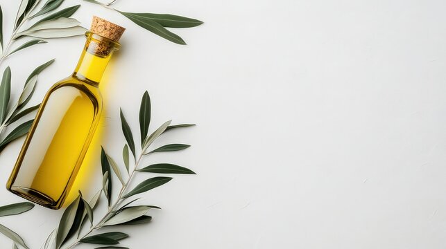 A glass bottle of olive oil is surrounded by fresh olive leaves on a light background, ideal for culinary websites, health blogs, or organic product promotions