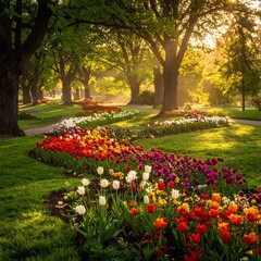 Sunlit park path lined with colorful tulips