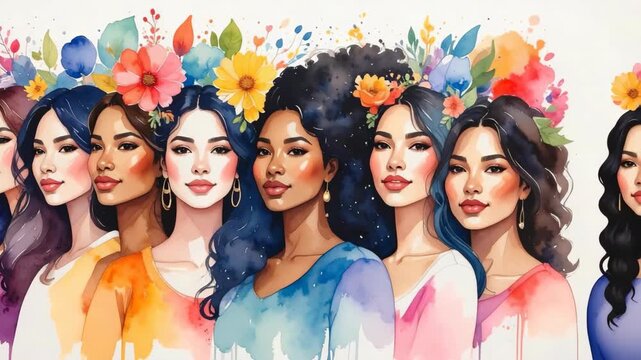 Diverse group of women, artistic watercolor illustration, vibrant colors and floral hair accents. Beauty, friendship, inclusivity in a bright scene.