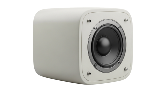 A pristine white speaker poised to unleash sonic landscapes ready to amplify immersive sound on transparent background