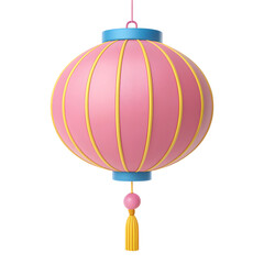 Pink and yellow traditional lantern with blue accents hanging against black image