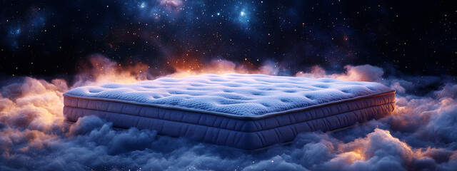 Comfortable mattress floating on clouds in dreamy night sky