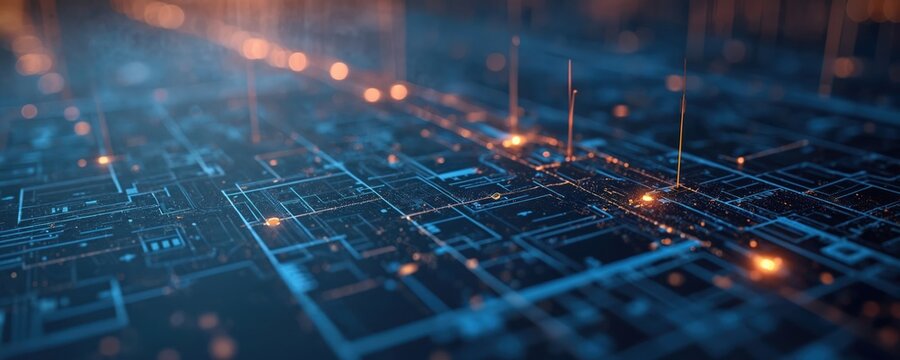 Abstract digital illustration features futuristic blueprint texture with technical lines. Overlay design includes geometric shapes, tech lines, orange lights. Illustration for digital art, modern