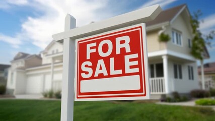 For Sale Real Estate Sign In Front of Beautiful New Home.
