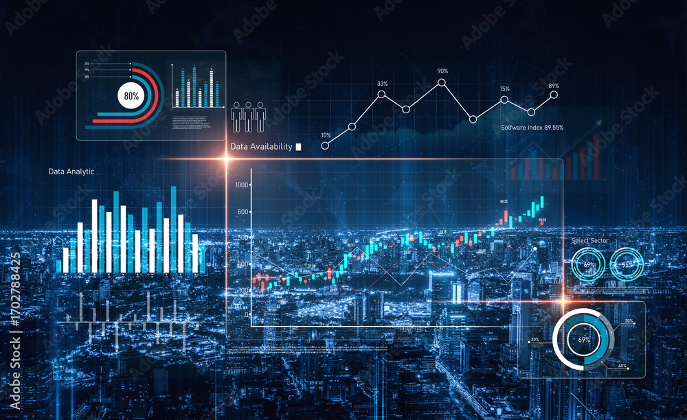 Poster data analytics dashboard with charts, indicators, and performance metrics, reveals trends, data anal