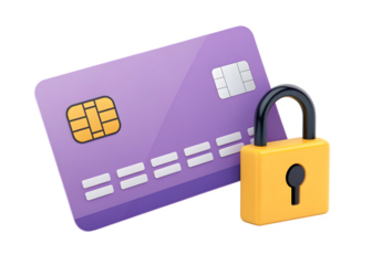 Purple credit card with yellow padlock and black background security protection
