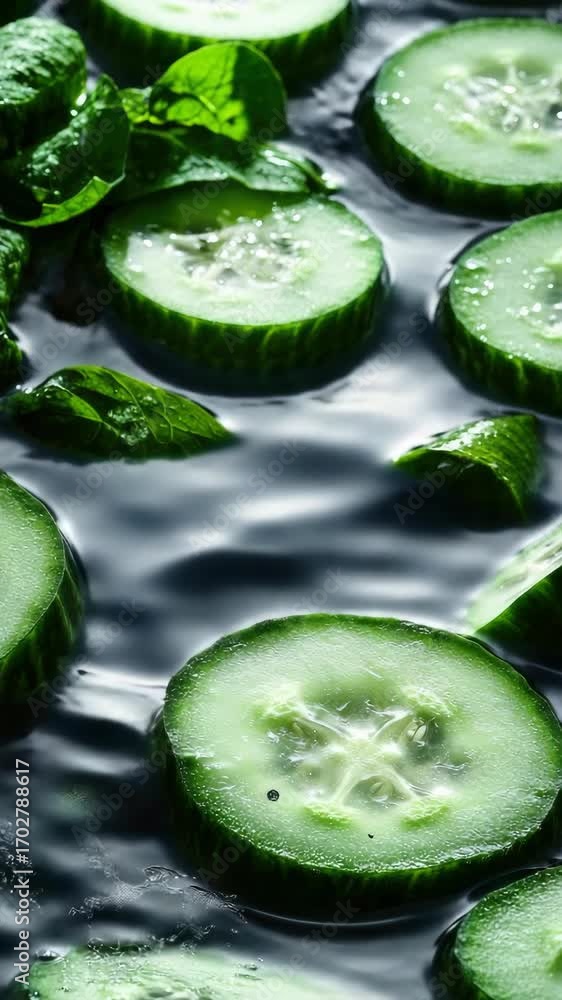 Poster a cucumber is sliced and is in a bowl of water. the cucumber slices are floating in the water
