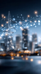 Fototapeta premium Power lines light up the night. Bright city lights shimmer near a power tower, reflecting the vibrant pulse of urban life.