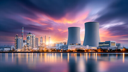 Obraz premium Sunset industrial plant reflection. A power plant looms by the water, with cooling towers silhouetted against a vibrant sunset.
