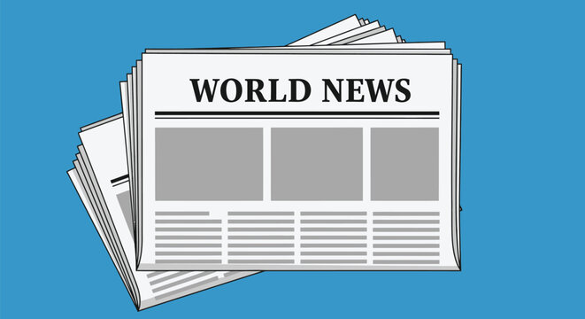 A stack of newspapers with 'WORLD NEWS' headline on a blue background, representing global current events and journalism.