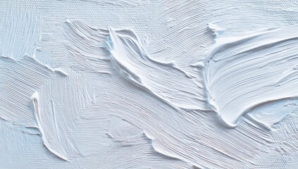 An abstract painting featuring pale blue and white impasto brushstrokes creating a dynamic, textured surface