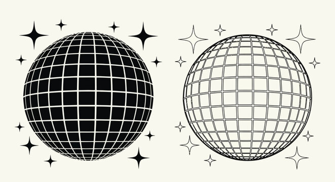 A graphic illustration of two disco balls, one solid black and one an outline, surrounded by sparkling stars.
