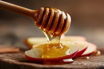 Honey drizzling over fresh apple slices on wooden surface during autumn